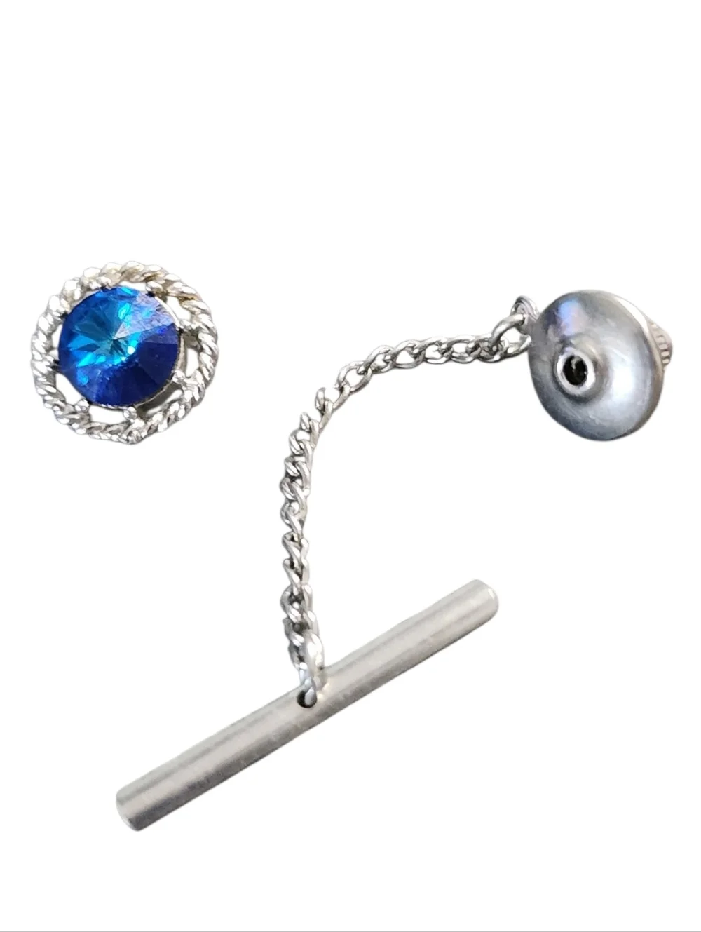 Dante Silvertone Tie Clip Cufflink Set Mesh Blue Rivoli Crystals Vintage